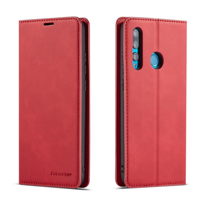 Horizontal flip leather phone case with magnetic closure, red; camera cutout and side ports