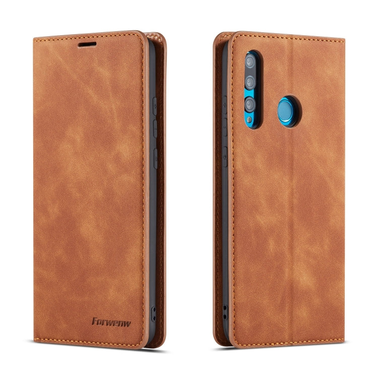 Horizontal flip leather phone case with magnetic closure, brown; camera cutout and side openings