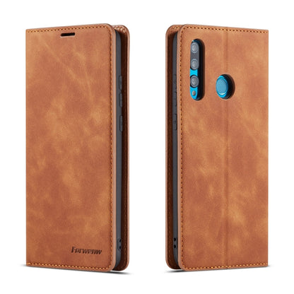 Horizontal flip leather phone case with magnetic closure, brown; camera cutout and side openings
