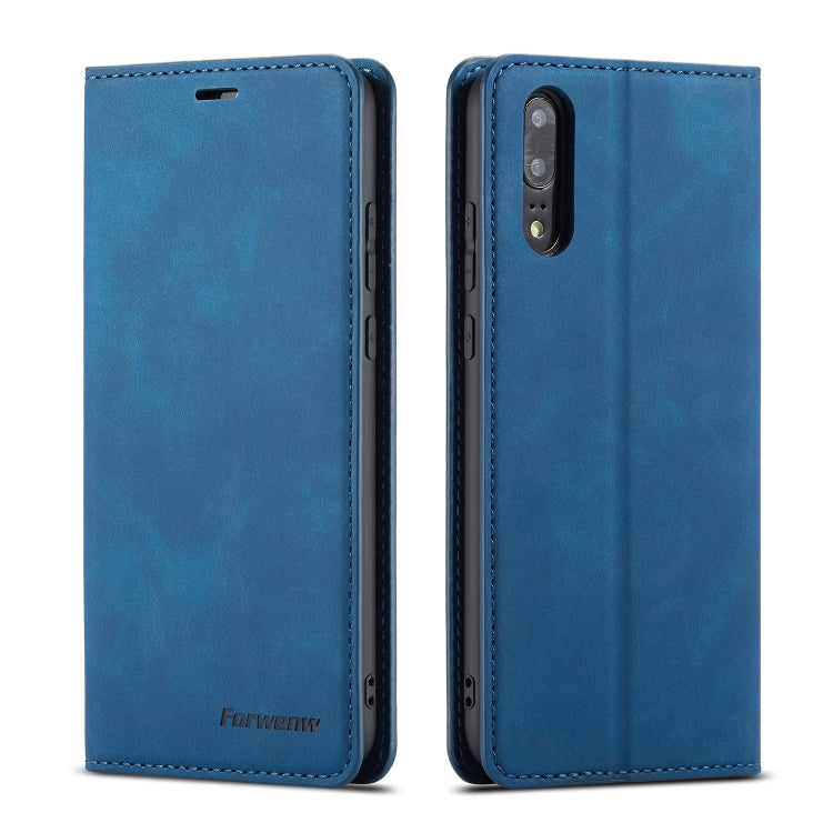 Leather flip phone case in blue with stitched edges and camera cutout