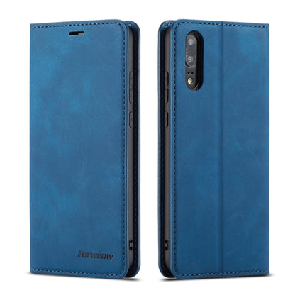 Leather flip phone case in blue with stitched edges and camera cutout