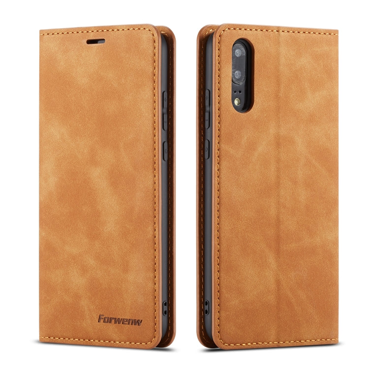 Brown leather flip phone case with camera cutout and stitched edges