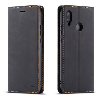 Dark leather flip phone case with camera cutout and magnetic-style stand ring