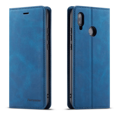 Blue leather flip phone case with camera cutout and stitched trim