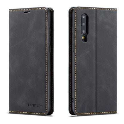 Black leather flip phone case with camera cutout and stitched edges