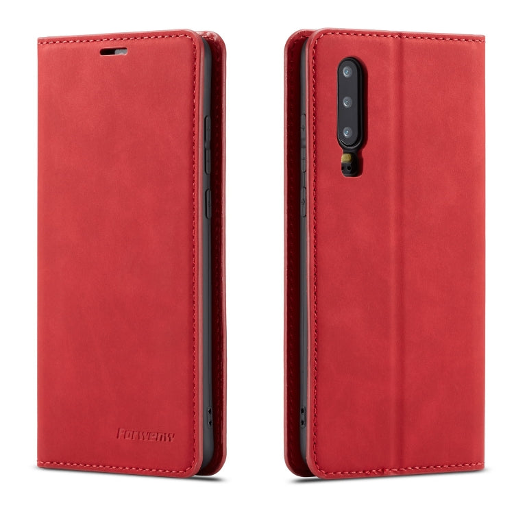 Red leather flip phone case with camera cutout and stitched edges