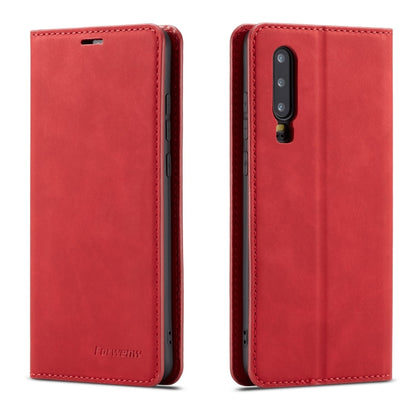 Red leather flip phone case with camera cutout and stitched edges