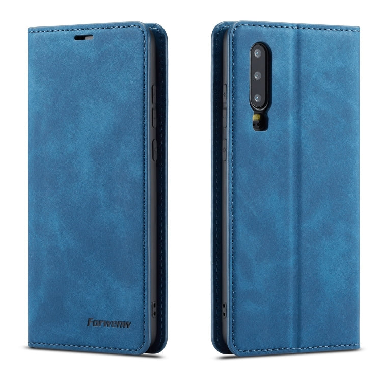 Blue leather flip phone case with stitched edges and rear camera cutout.