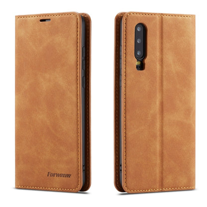 Brown leather flip phone case with stitched edges and rear camera cutout.