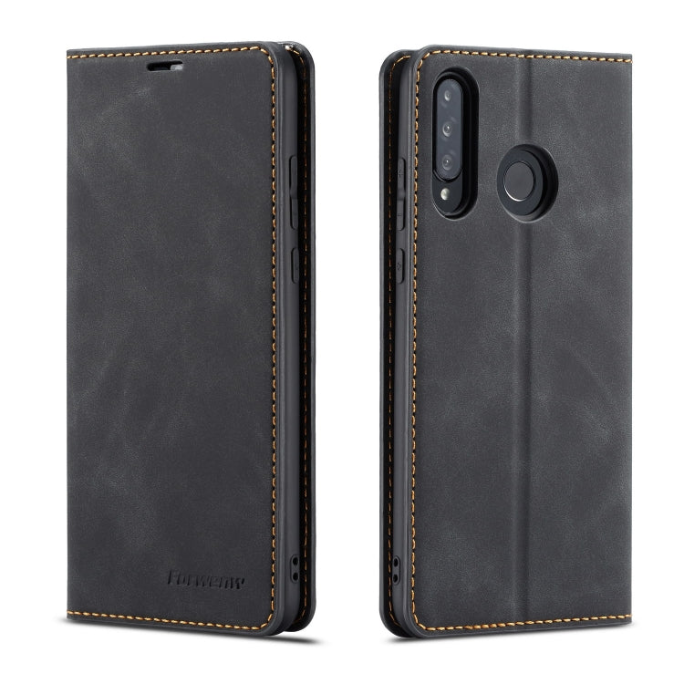 Black leather flip phone case with stitched edges and rear camera cutout.