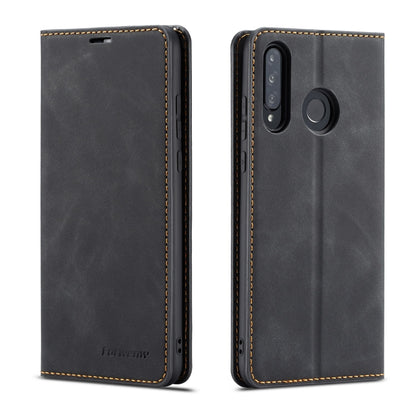 Black leather flip phone case with stitched edges and rear camera cutout.