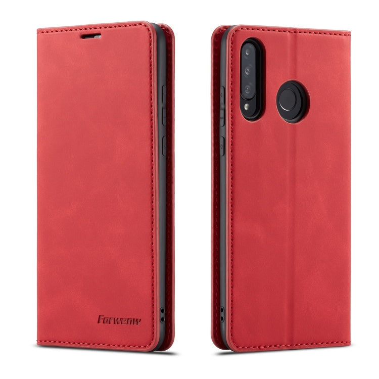 Red leather flip phone case with stitched edges and rear camera cutout.