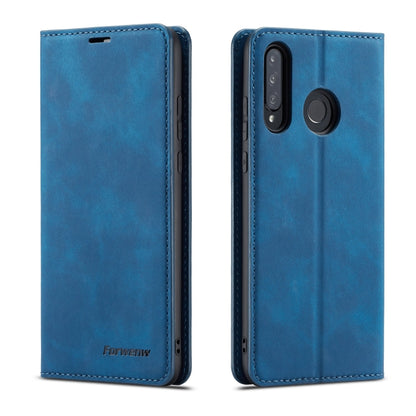 Blue leather flip phone case with stitched edges and rear camera and flash cutouts.