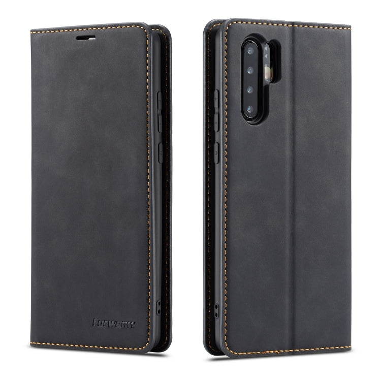 Black leather flip phone case with stitched edges and rear camera and flash cutouts.