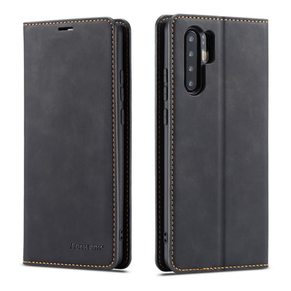 Black leather flip phone case with stitched edges and rear camera and flash cutouts.