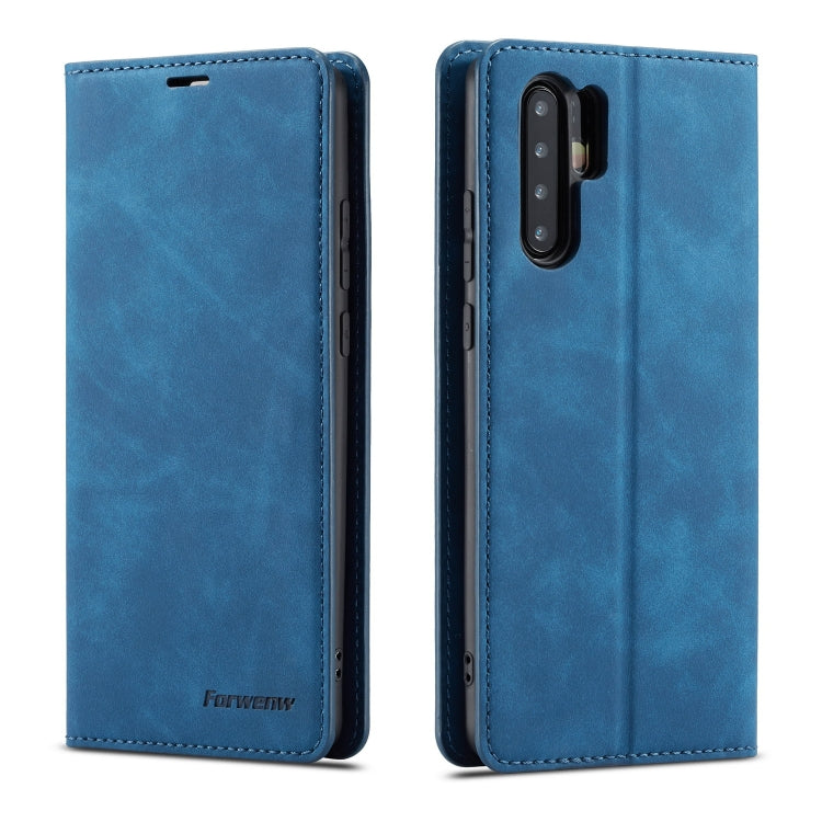 Blue leather flip phone case with stitched edges and rear camera and flash cutouts.