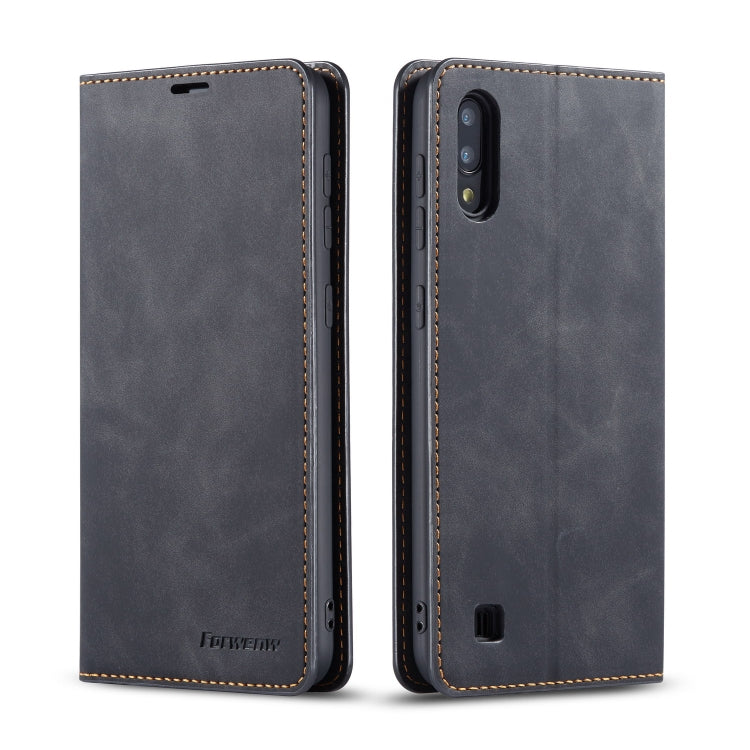 Dark gray leather flip phone case with stitched edges and camera cutout