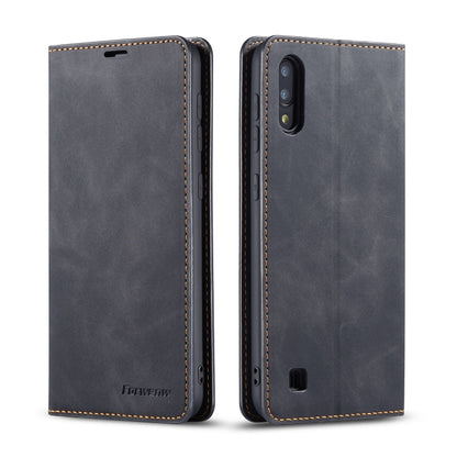 Dark gray leather flip phone case with stitched edges and camera cutout