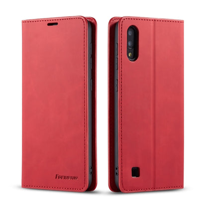 Red leather flip phone case with stitched edges and camera cutout