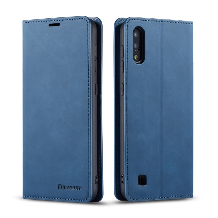 Blue leather flip phone case with stitched edges and camera cutout