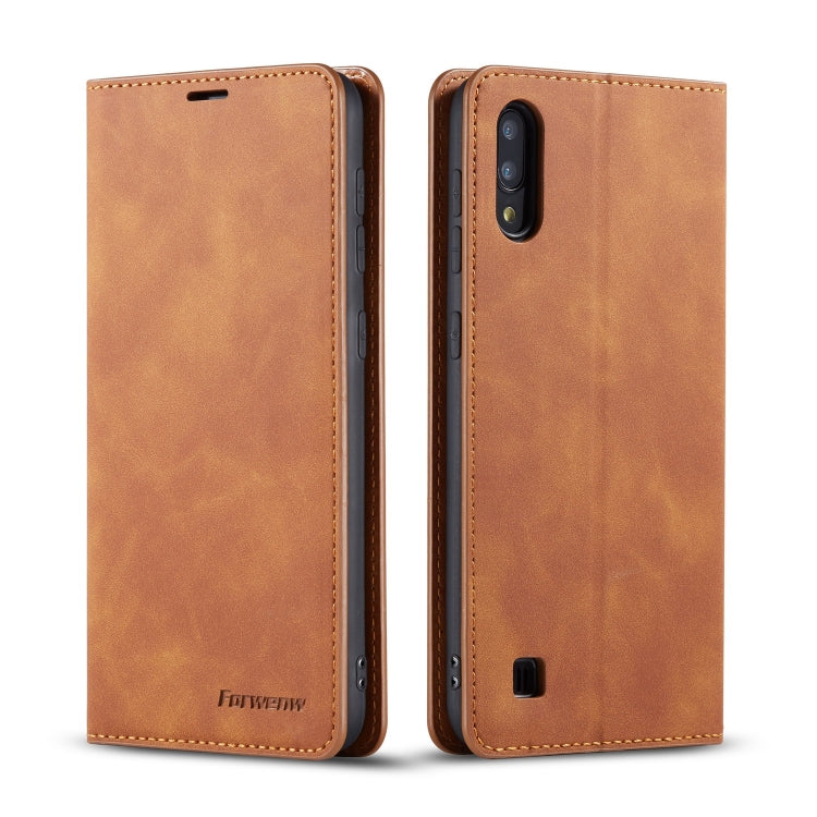Tan leather flip phone case with stitched edges and camera cutout