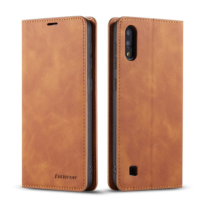 Tan leather flip phone case with stitched edges and camera cutout