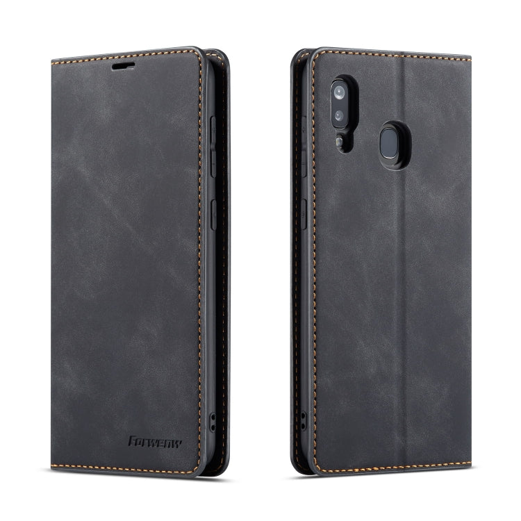 Dark gray leather flip phone case with front and back views, camera cutout