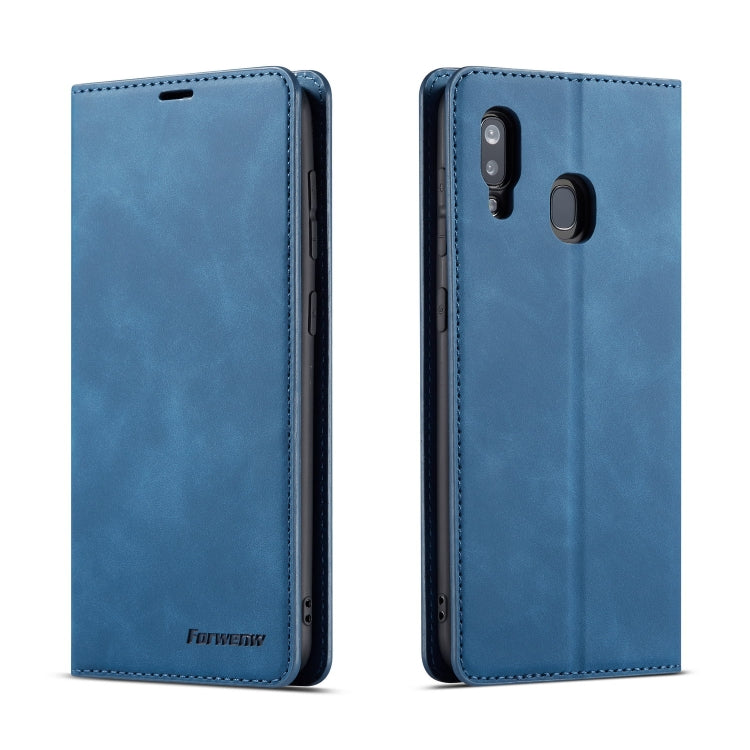 Blue leather flip phone case with stitched border and rear camera cutout; slim profile.