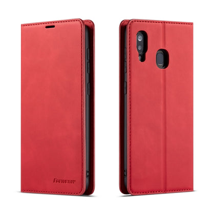 Red leather flip phone case with stitched border and rear camera cutout; slim profile.