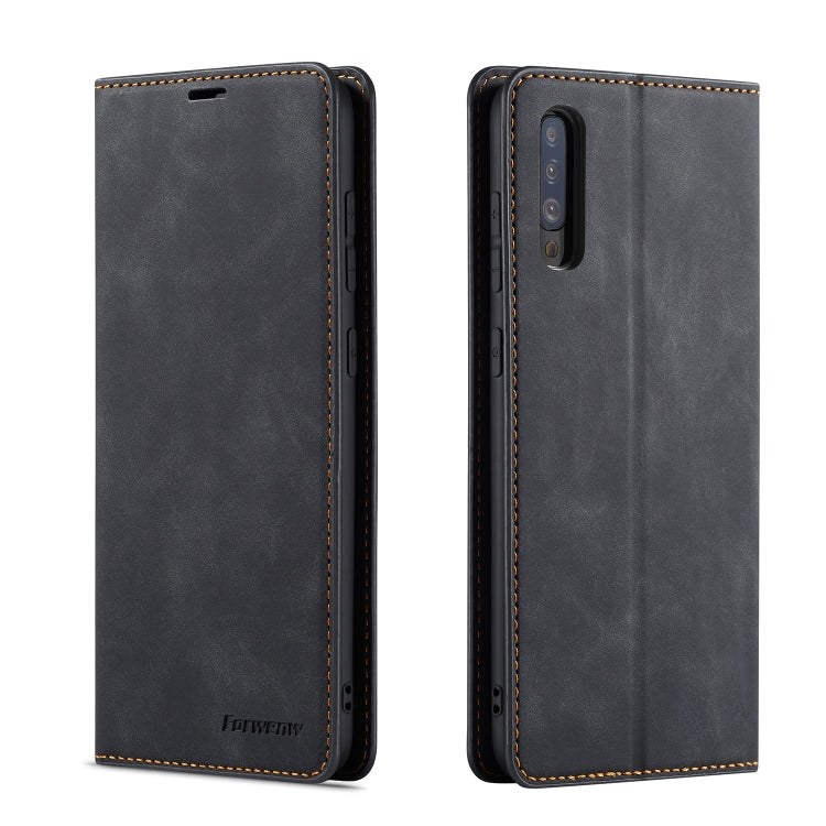 Black horizontal flip leather phone case, front and back view with camera cutout