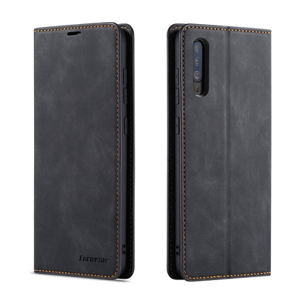 Black horizontal flip leather phone case, front and back view with camera cutout