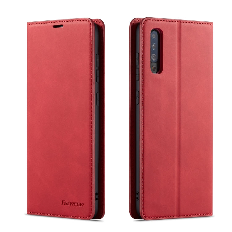 Red horizontal flip leather phone case, front and back view with camera cutout