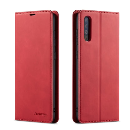 Red horizontal flip leather phone case, front and back view with camera cutout