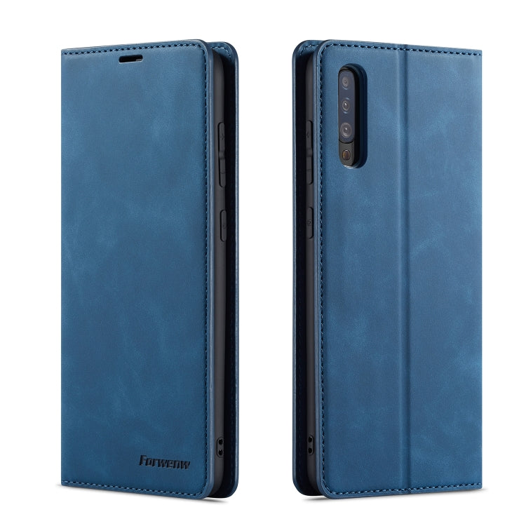 Blue horizontal flip leather phone case, front and back view with camera cutout