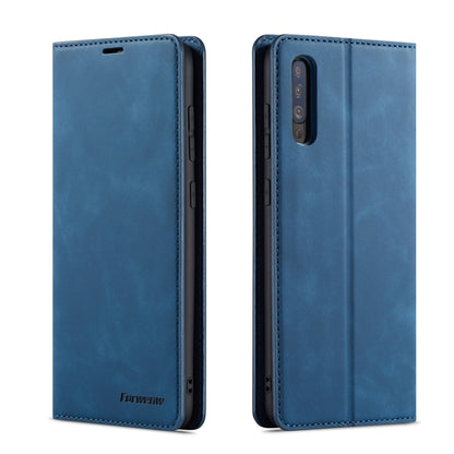 Blue horizontal flip leather phone case, front and back view with camera cutout