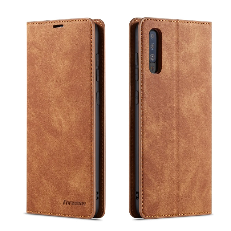 Brown horizontal flip leather phone case, front and back view with camera cutout