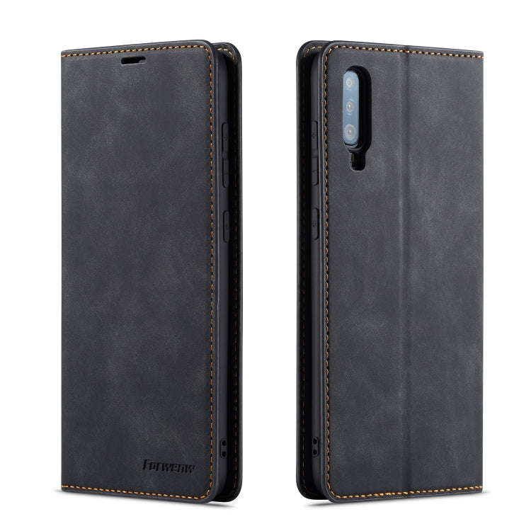 Black horizontal flip leather phone case, front and back view with camera cutout