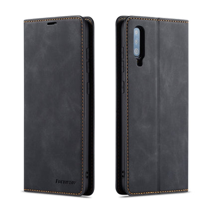 Black horizontal flip leather phone case, front and back view with camera cutout
