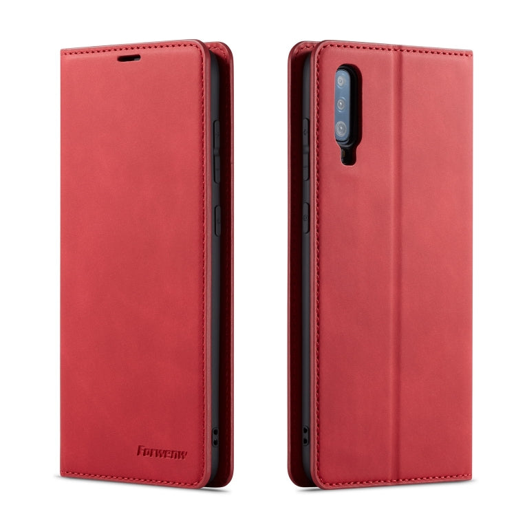 Red horizontal flip leather phone case, front and back view with camera cutout