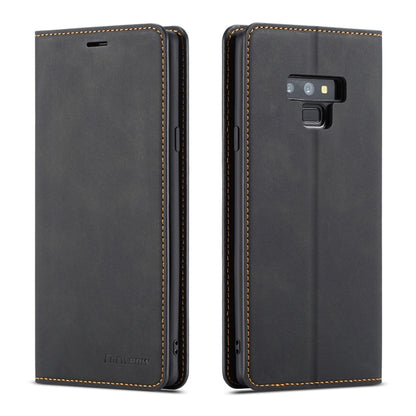 Black flip leather phone case with magnetic holder and card slots