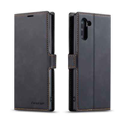 Black horizontal flip leather phone case with card slots and magnetic holder, stitched edges