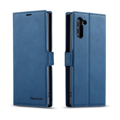 Blue horizontal flip leather phone case with card slots and magnetic holder, window for camera