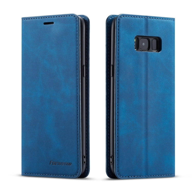 Blue leather flip phone case with card slot cutout and camera opening, two-sided view
