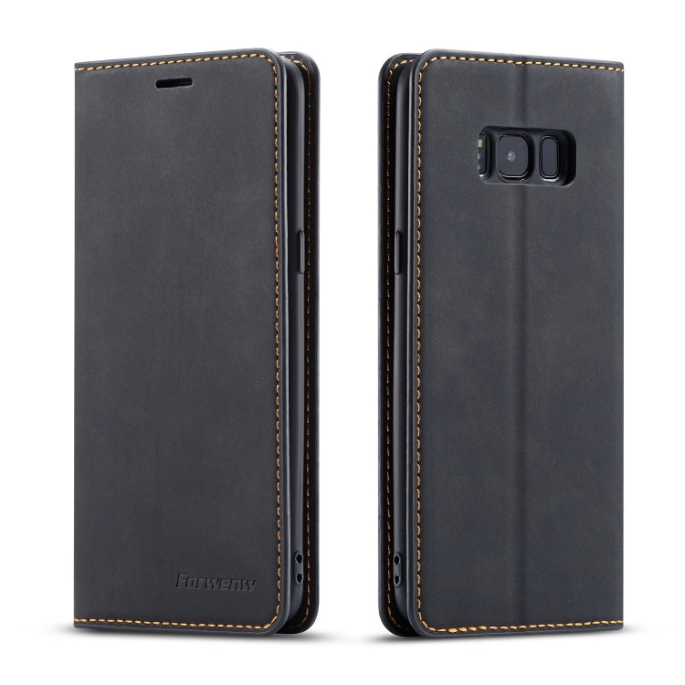 Dark gray leather flip phone case with card slot cutout and camera opening, two-sided view