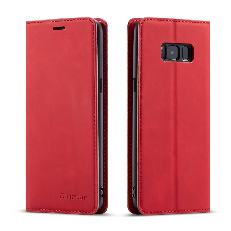 Red leather flip phone case with card slot cutout and camera opening, two-sided view