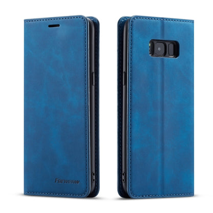 Blue leather flip phone case with camera opening and front flap, two-sided view