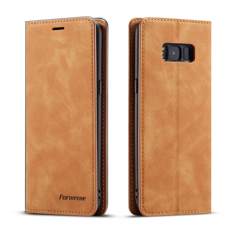 Brown leather flip phone case with camera opening and front flap, two-sided view