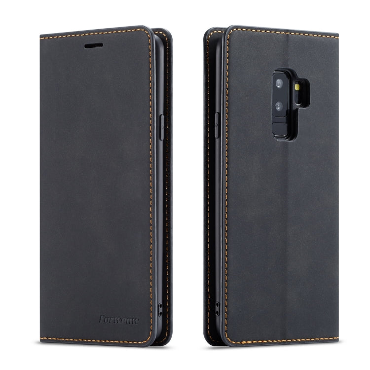 Dark gray leather flip phone case with camera opening and front flap, two-sided view