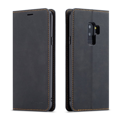 Dark gray leather flip phone case with camera opening and front flap, two-sided view