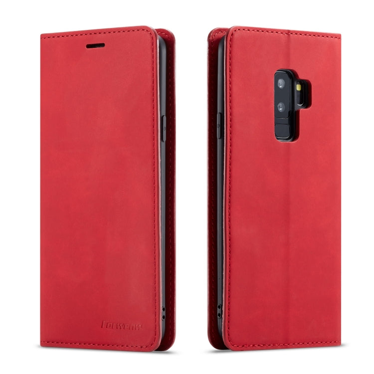 Red leather flip phone case with camera opening and front flap, two-sided view